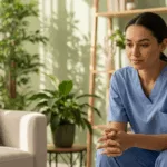 Healthcare professional receiving trauma-informed care for healthcare professionals in peaceful therapy setting