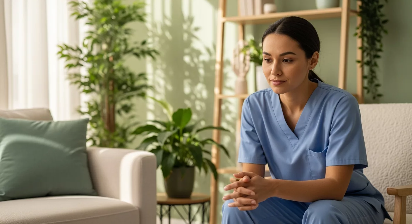 Healthcare professional receiving trauma-informed care for healthcare professionals in peaceful therapy setting