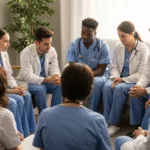 Trauma-informed healthcare professionals participating in peer support group for secondary trauma recovery