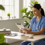 Healthcare worker exploring trauma recovery training materials in peaceful therapy office setting