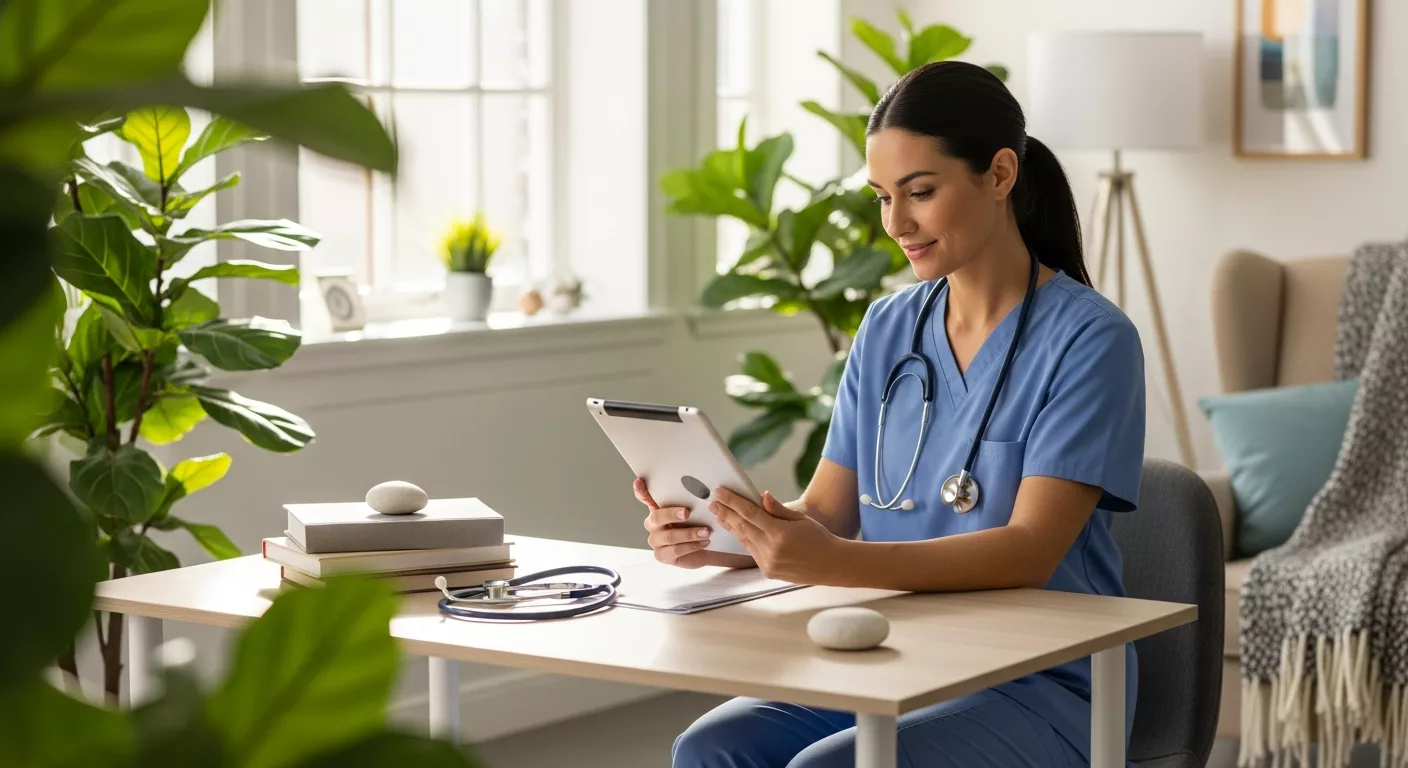 Healthcare worker exploring trauma recovery training materials in peaceful therapy office setting