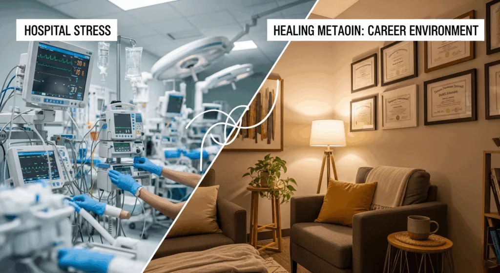 Visual comparison of stressful hospital environment versus peaceful trauma recovery therapy setting showing career transformation for healthcare workers