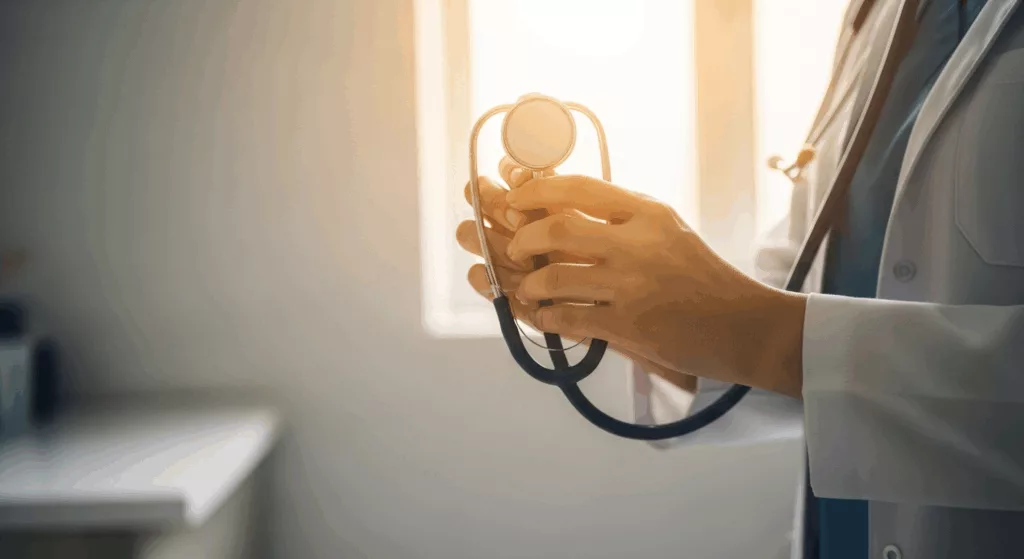 Healthcare professional hands with stethoscope representing evidence-based trauma recovery approaches
