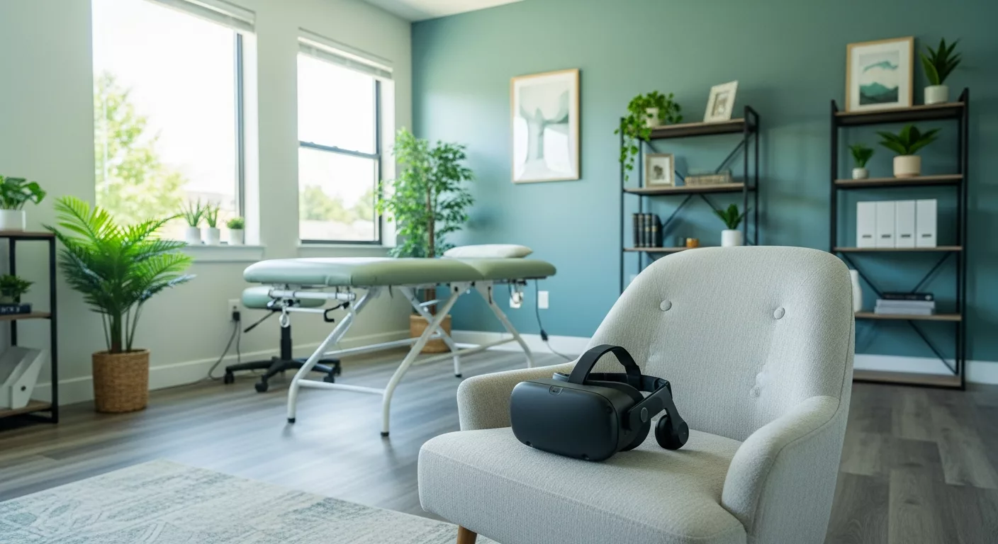 VR trauma therapy Florida equipment in peaceful therapy office setting