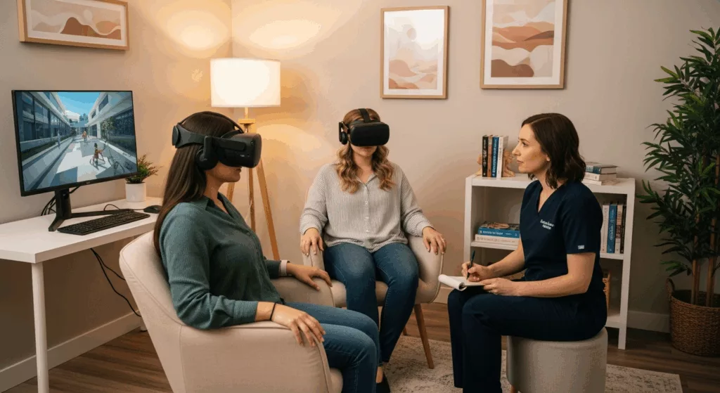 Healthcare worker receiving virtual reality therapy treatment in Florida clinical setting