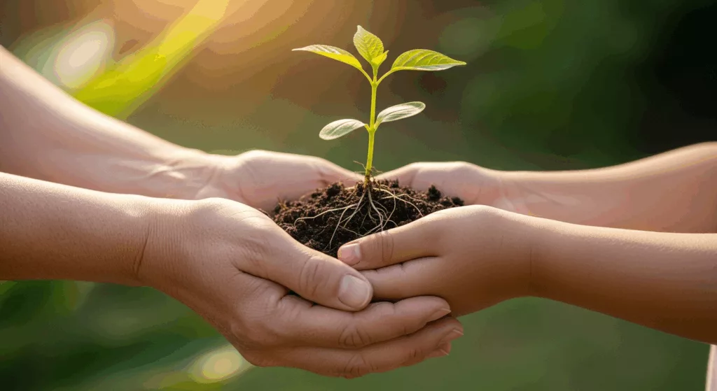 Gentle hands nurturing growth, representing how childhood trauma healthcare careers can transform pain into healing purpose
