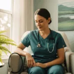 Healthcare worker in peaceful therapy setting representing childhood trauma healthcare workers healing journey