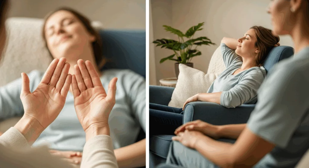 Supportive brainspotting therapy moment showing healing connection between therapist and healthcare worker