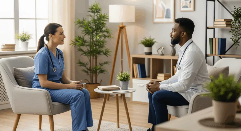 Therapist supporting healthcare worker learning DBT emotional regulation techniques in Florida counseling session