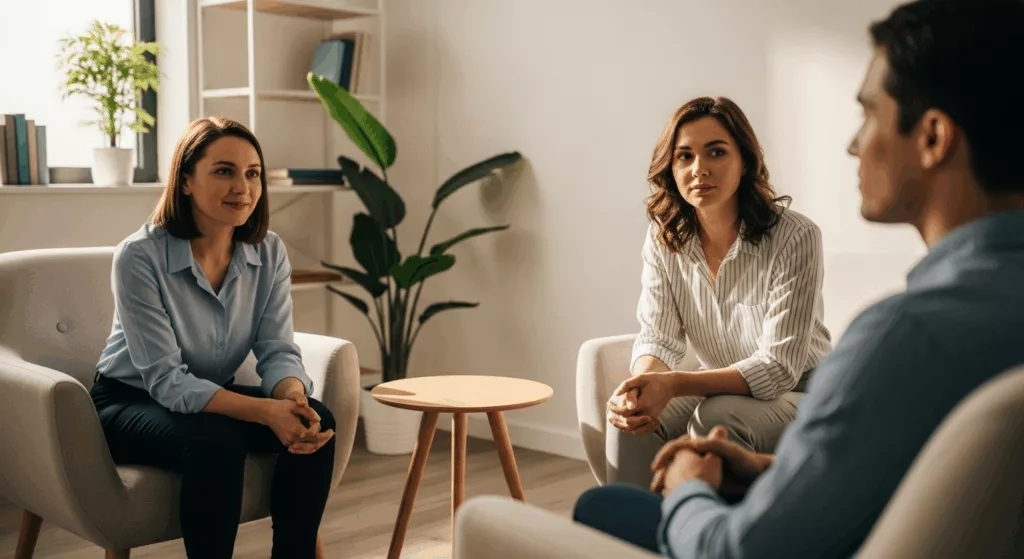 Supportive therapy session demonstrating treatment for caregiver dissociation symptoms
