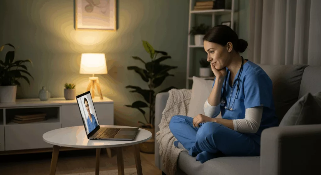 Healthcare worker accessing evening trauma therapy Florida through telehealth