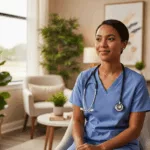 Florida nurse practicing evidence-based self-care in peaceful therapy office setting