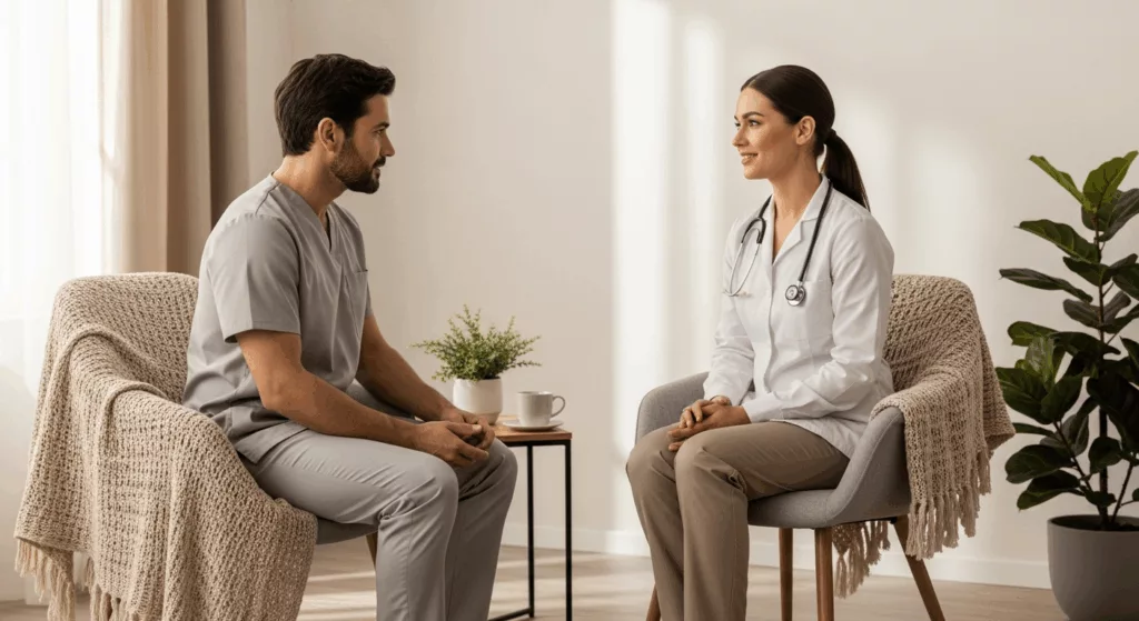 Therapist providing flexible evening trauma therapy session to healthcare worker in Florida