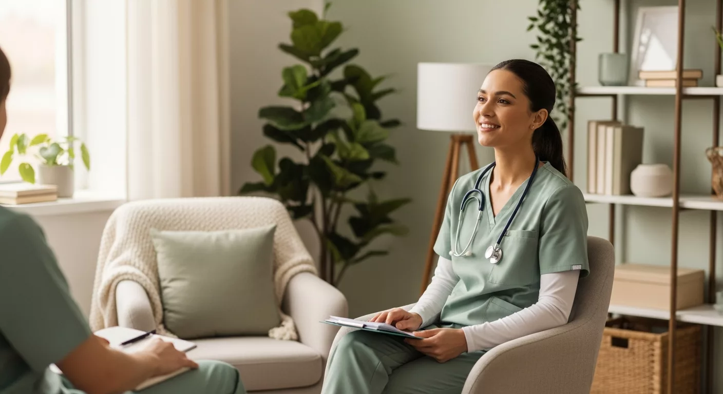 Healthcare worker receiving trauma therapy Florida in comfortable evening session