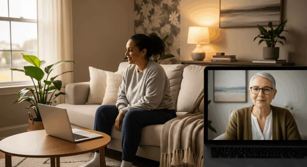 Telehealth trauma counseling session between therapist and healthcare worker client