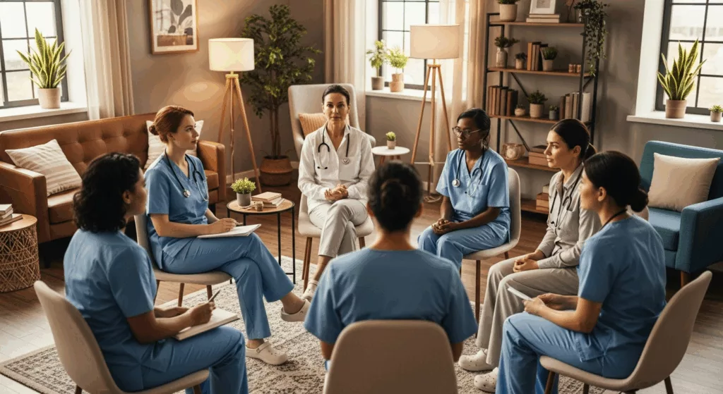 Group therapy session with diverse healthcare workers sharing support and understanding in comfortable therapy setting