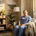 Healthcare worker finding peace through managing dissociation in comfortable therapy setting