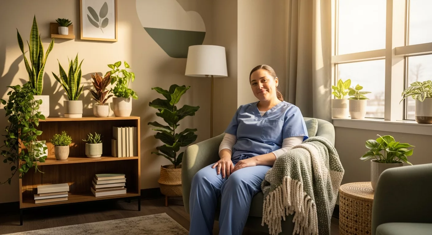 Healthcare worker finding peace through managing dissociation in comfortable therapy setting