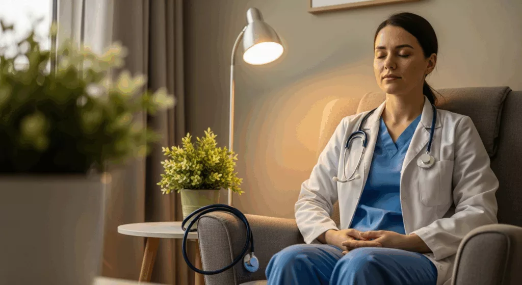 Healthcare professional practicing grounding techniques for dissociation management during work break