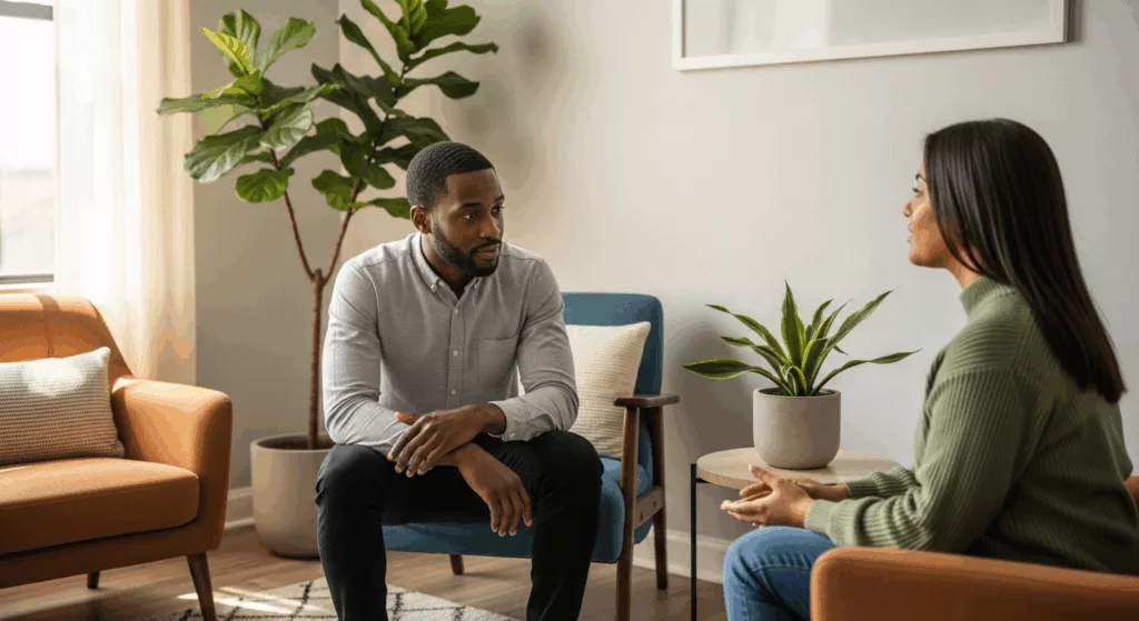 Therapist and client in supportive session discussing trauma response symptoms and proper diagnosis