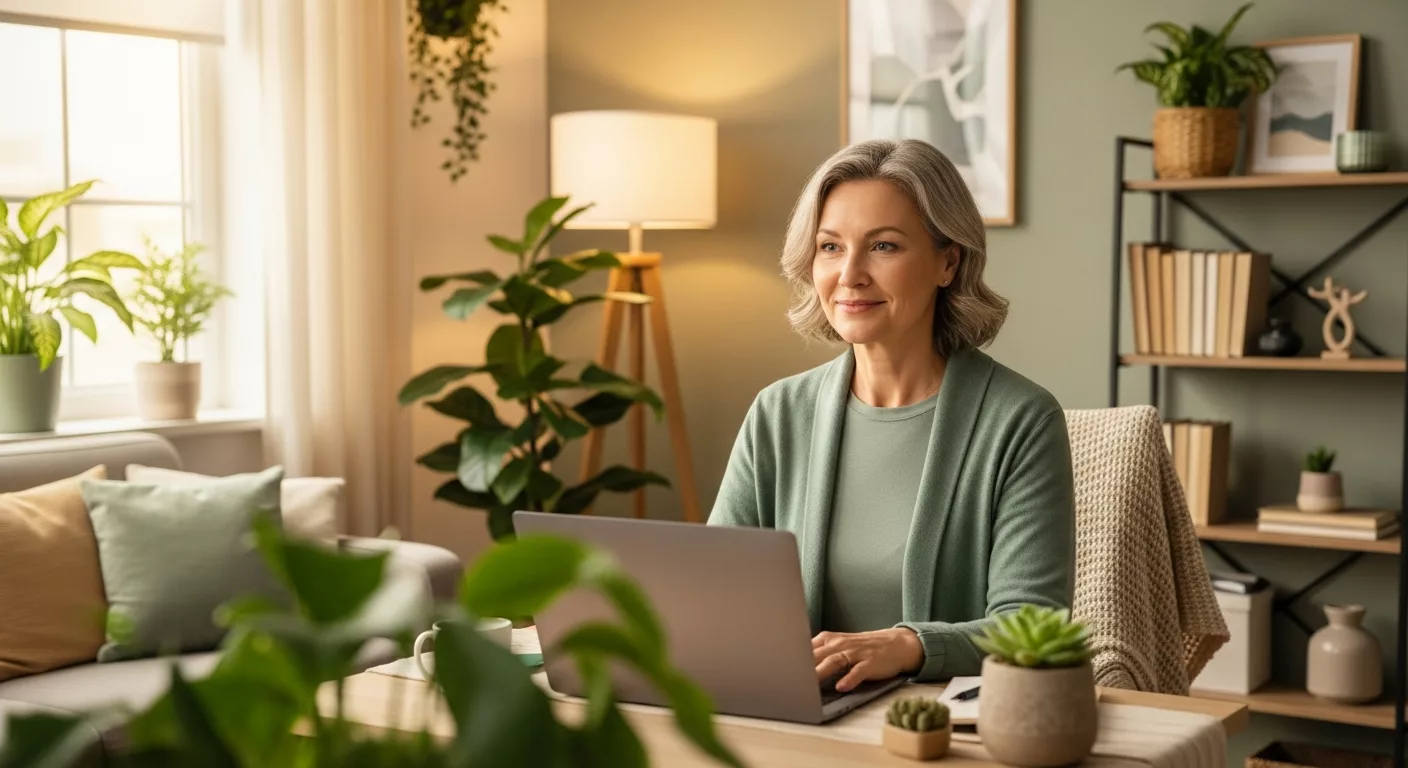 Peaceful woman in comfortable home environment during telehealth therapy session for empaths in Florida
