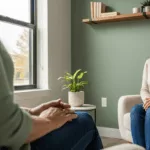 Professional woman in warm therapy office representing trauma-informed self-advocacy for empaths