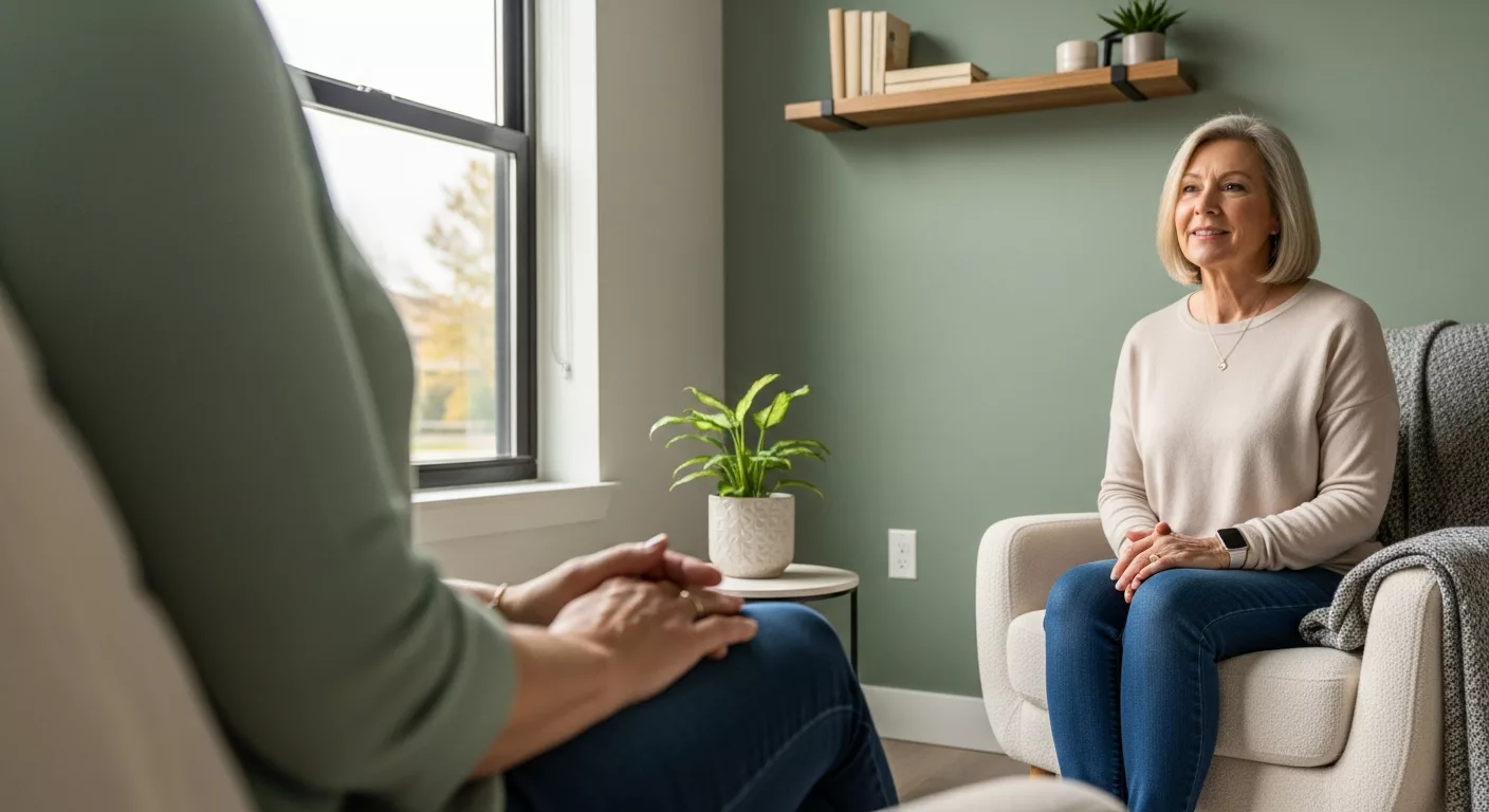 Professional woman in warm therapy office representing trauma-informed self-advocacy for empaths