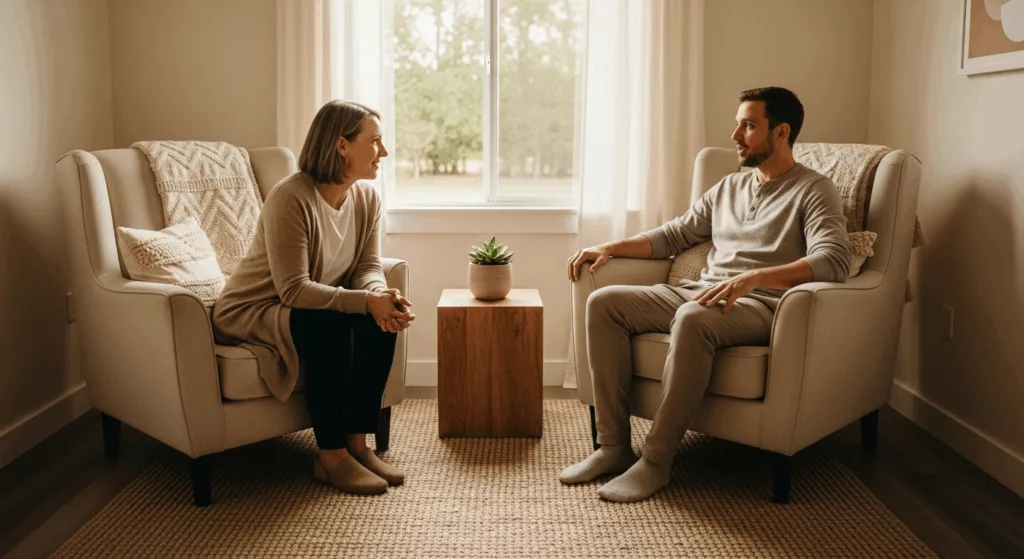 Therapist and client in supportive consultation demonstrating trauma-informed care approaches for empaths
