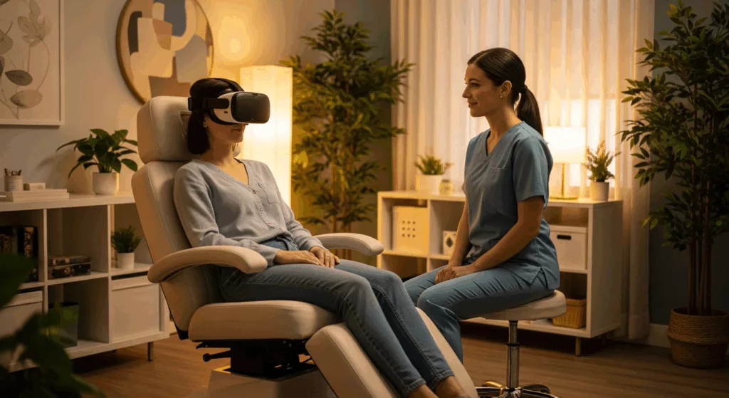 Healthcare worker experiencing PTSD virtual reality treatment in evidence-based trauma therapy session