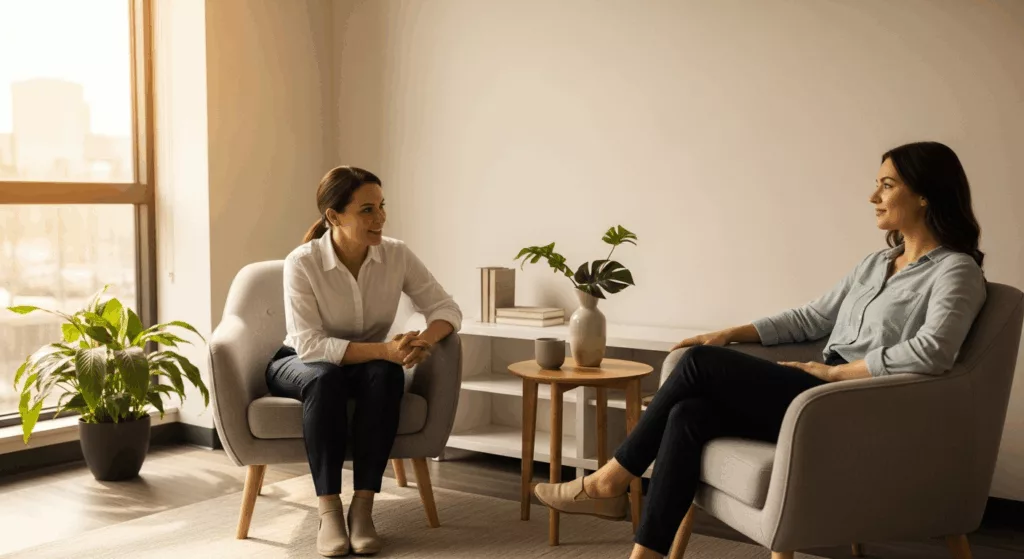 Therapist and client in supportive session showing trauma informed career decisions and healing