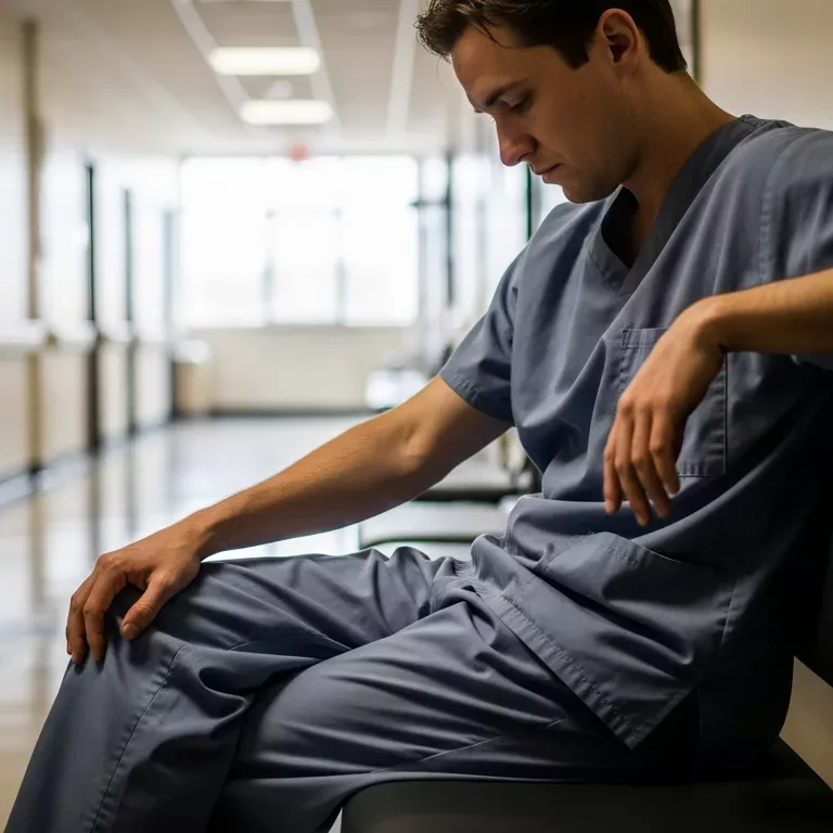 Healthcare worker with complex PTSD taking a quiet moment in hospital hallway