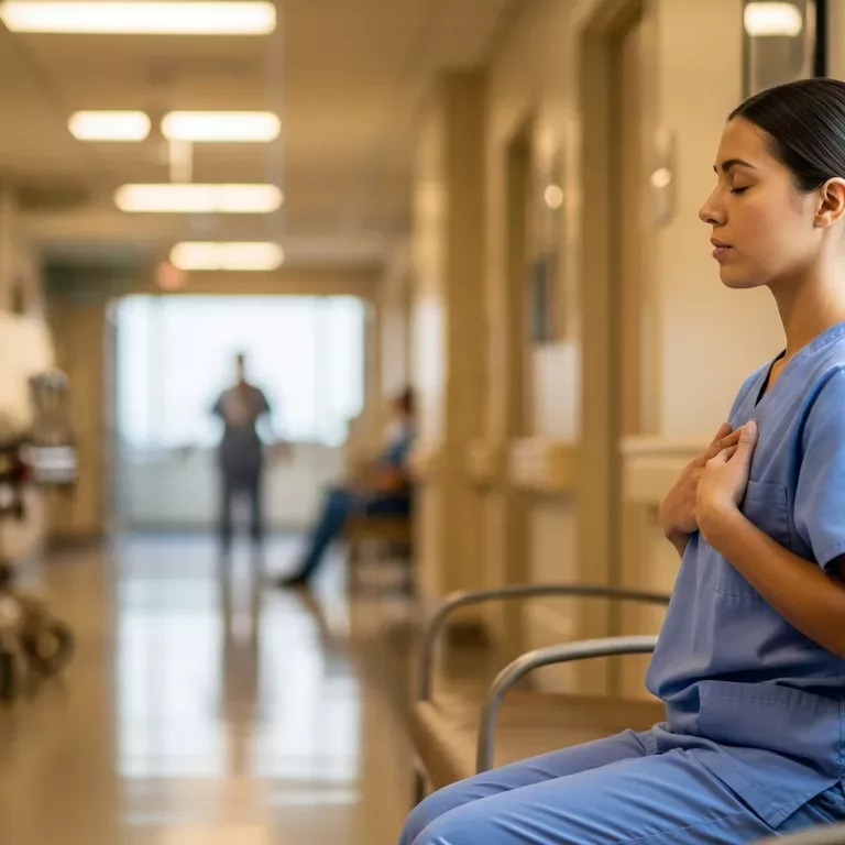Healthcare worker practicing DBT mindfulness skills during hospital shift to manage burnout