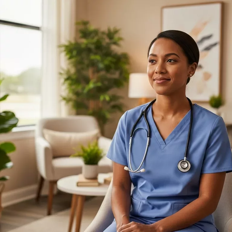 Florida nurse practicing evidence-based self-care in peaceful therapy office setting