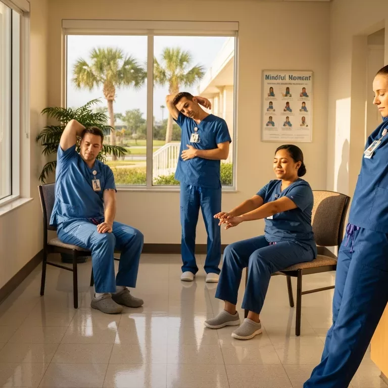 Florida nurses practicing evidence-based self-care techniques during their break, demonstrating professional wellness strategies