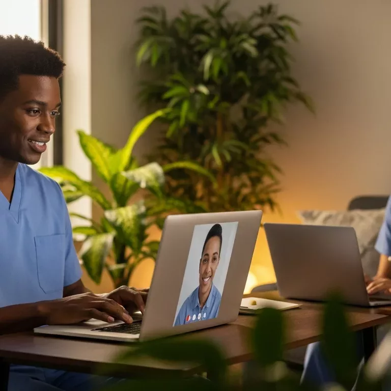 Florida healthcare worker accessing flexible trauma therapy through telehealth from home