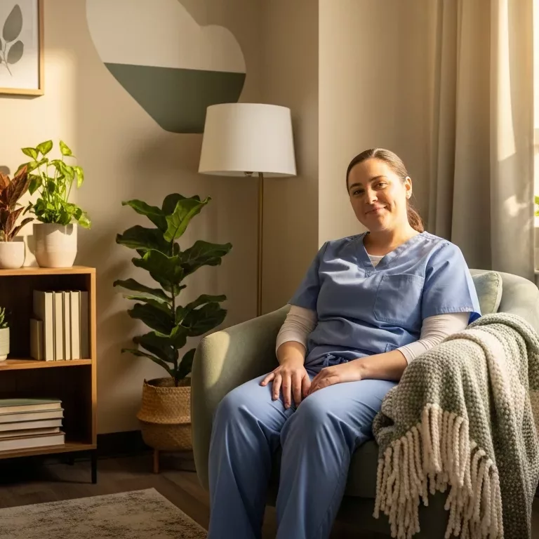 Healthcare worker finding peace through managing dissociation in comfortable therapy setting