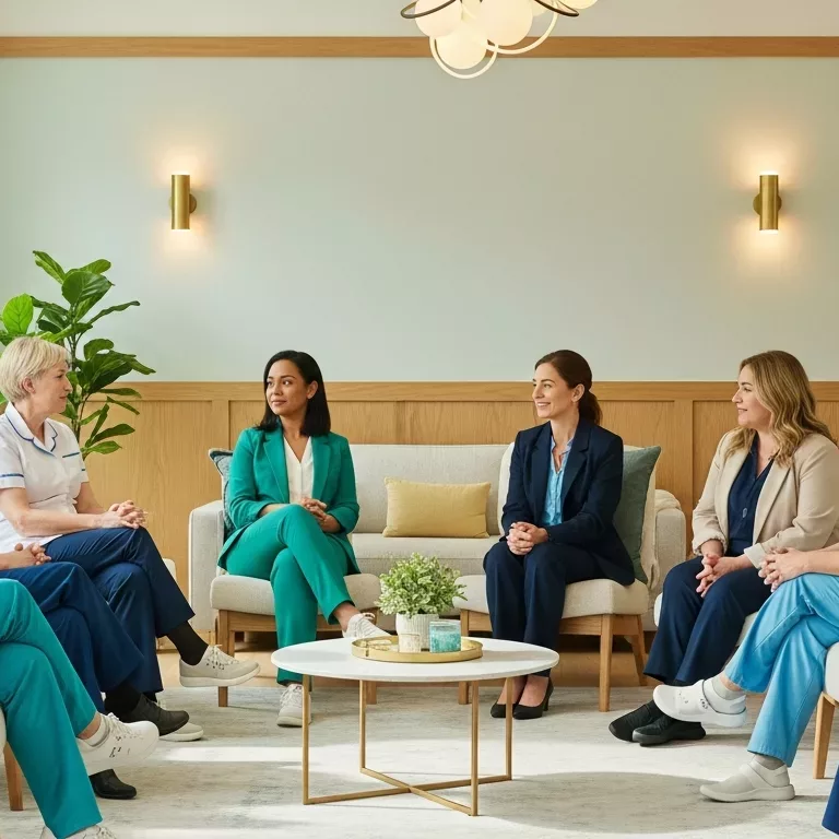 Healthcare professionals and therapists receiving support for narcissistic abuse recovery in a healing environment