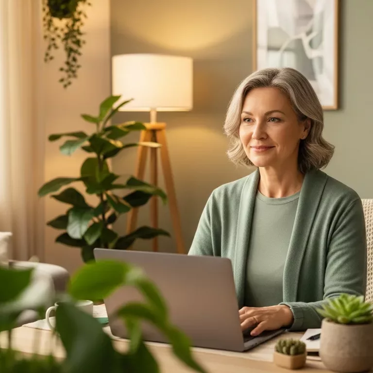 Peaceful woman in comfortable home environment during telehealth therapy session for empaths in Florida