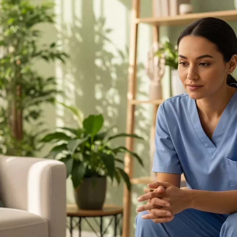 Healthcare professional receiving trauma-informed care for healthcare professionals in peaceful therapy setting