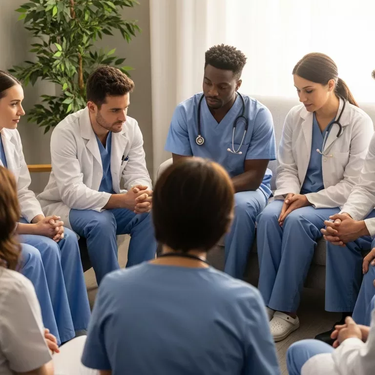 Trauma-informed healthcare professionals participating in peer support group for secondary trauma recovery
